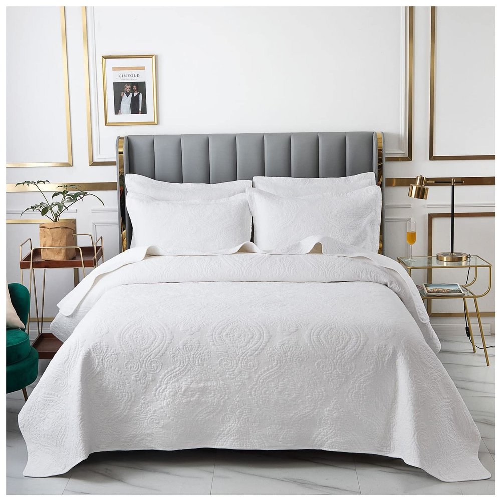 Blue Queen King Size Quilt Set with Pillow Shams, Quilt Reversible 3 Piece Bedding Set, Ultrasonic Quilting Technology, Soft, Wrinkle, Pilling Resistance, Bedspread Coverlet Set,White b,Queen