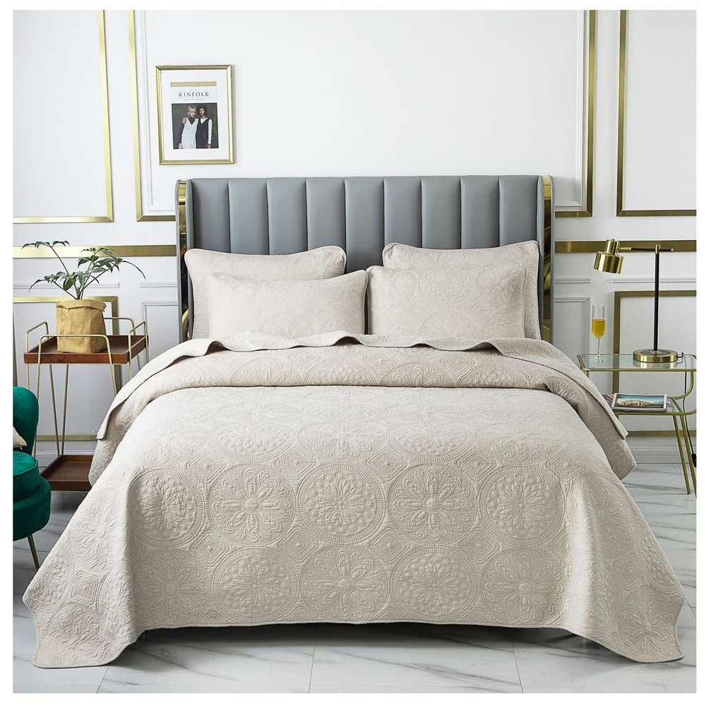 Blue Queen King Size Quilt Set with Pillow Shams, Quilt Reversible 3 Piece Bedding Set, Ultrasonic Quilting Technology, Soft, Wrinkle, Pilling Resistance, Bedspread Coverlet Set,Beige a,Queen