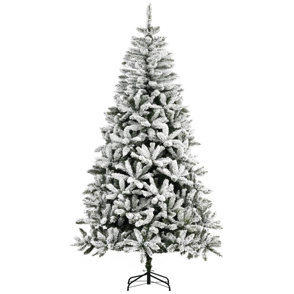 HOMCOM 7.5' Tall Unlit Snow Flocked Pine Artificial Christmas Tree with Realistic Branches, Green