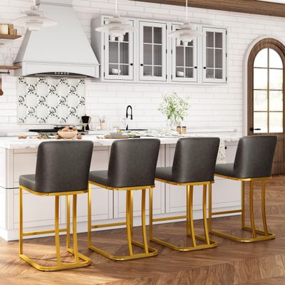 ALPHA HOME Counter Stools with Backs, 24 inch Bar Stools for Kitchen Island, Upholstered PU Leather Bar Chair with footrest, Great for Coffee Shop, Kitchen, Dining Room, Gray&Gold