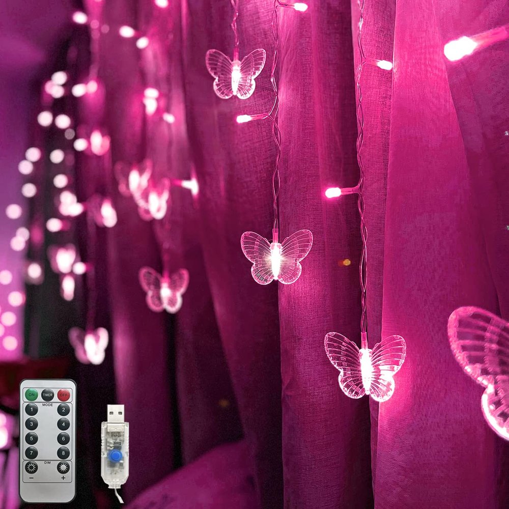 HENGYOU Butterfly Curtain Fairy Lights USB Plug in,8 Modes 120 LED 20FT Firefly Twinkle Timer String Lights with Remote, Waterproof for Bedroom Christmas Wedding Party (Pink)