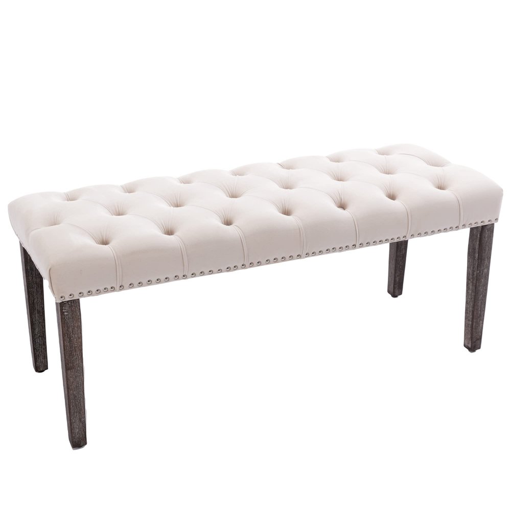 KCC Button-Tufted Ottoman Bench, Upholstered Bedroom Benches Velvet Footrest Stool Accent Bench for Entryway Dining Room Living Room Bedroom End of Bed, Beige