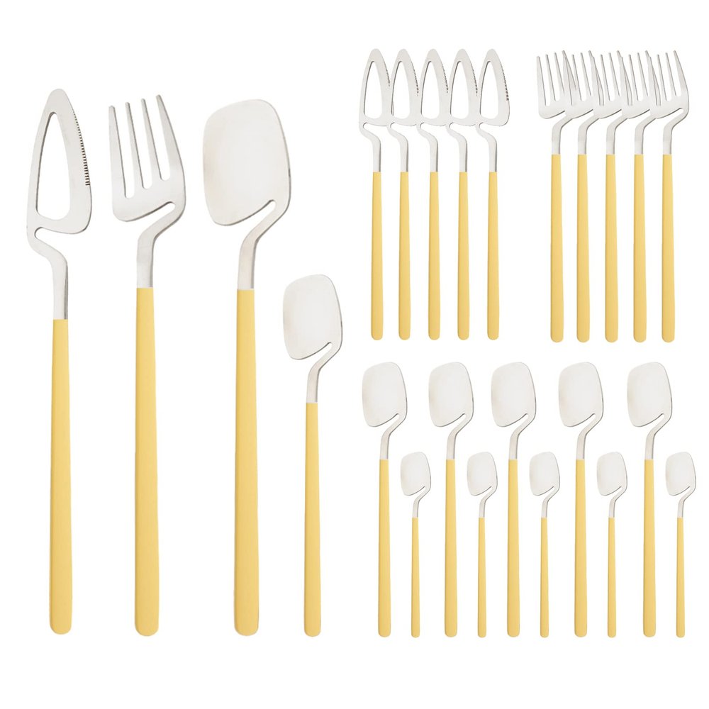 BRIIEC 24 Pcs Silverware Set Service for 6, Cute Macaron Color 304 Stainless Steel Flatware Set Eating Utensils Sets, Durable Restaurant Cutlery Set, Dishwasher Safe - Yellow & Silver