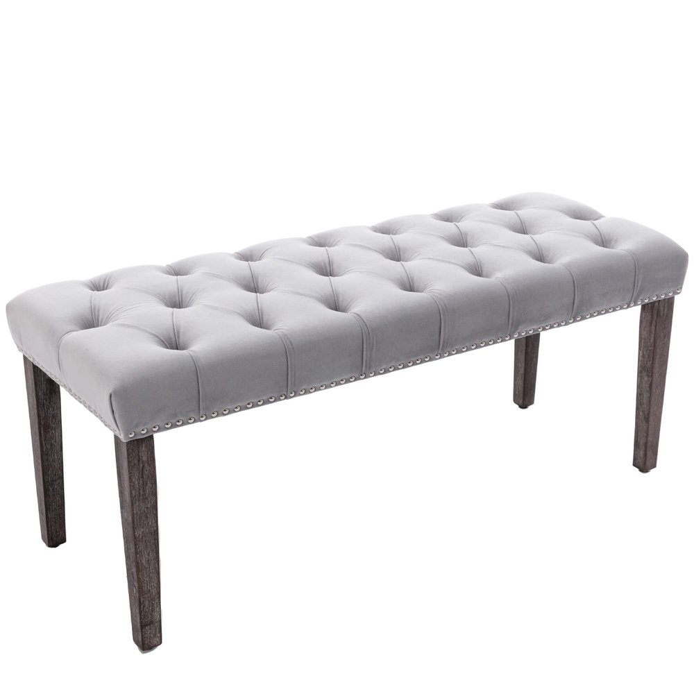 KCC Button-Tufted Ottoman Bench, Upholstered Bedroom Benches Velvet Footrest Stool Accent Bench for Entryway Dining Room Living Room Bedroom End of Bed, Gray