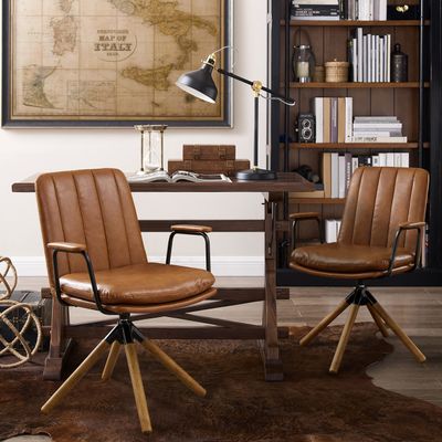 Art Leon Desk Chair No Wheels, Set of 2, Mid Century Modern Swivel Chair with Oak Wood Legs, Faux Leather Home Office Desk Chairs for Bedroom Living Room, Yellow Brown