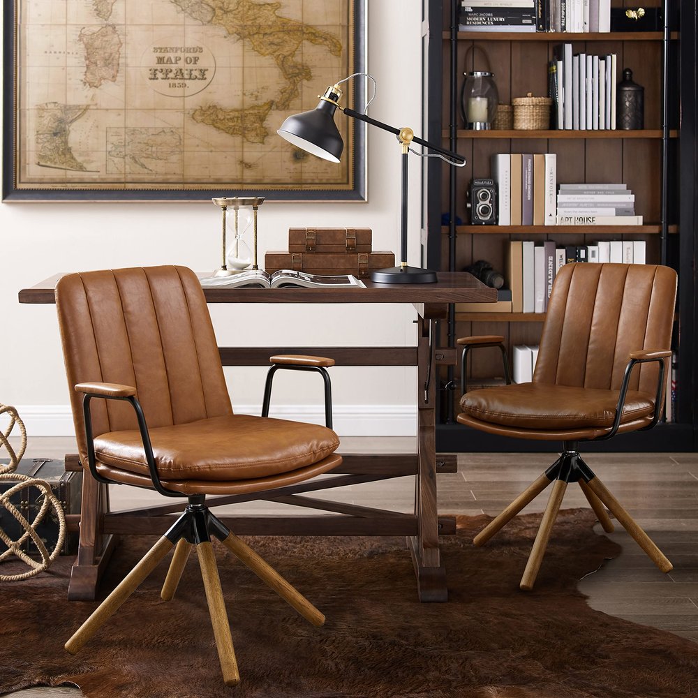 Art Leon Desk Chair No Wheels, Set of 2, Mid Century Modern Swivel Chair with Oak Wood Legs, Faux Leather Home Office Desk Chairs for Bedroom Living Room, Yellow Brown