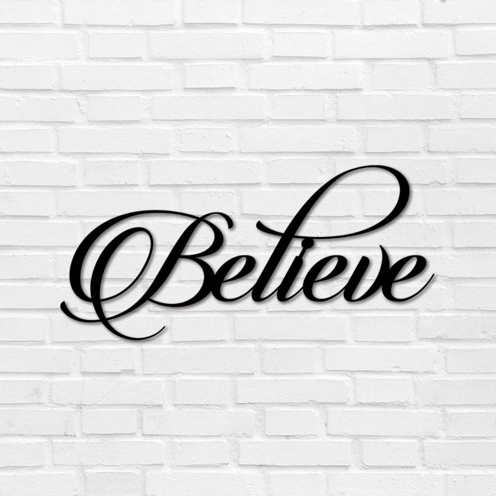 Metal Sign Believe Word Art Sign Calligraphy Decorative Large Iron Metal Wall Sculpture Sculpture Sign Simple Metal Address Sign Plaque for Man Cave Dining Room Decoration Housewarming Gift 12 Inch