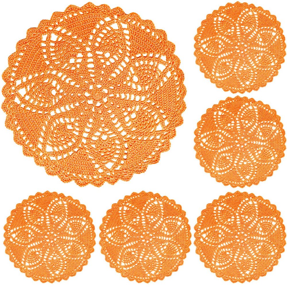 BIBITIME Crochet Tables Doilies Lace Placemats Handmade Coasters Round Doily Valentines Crafts Mats (6PCS - 11 in to 12 in, Orange)