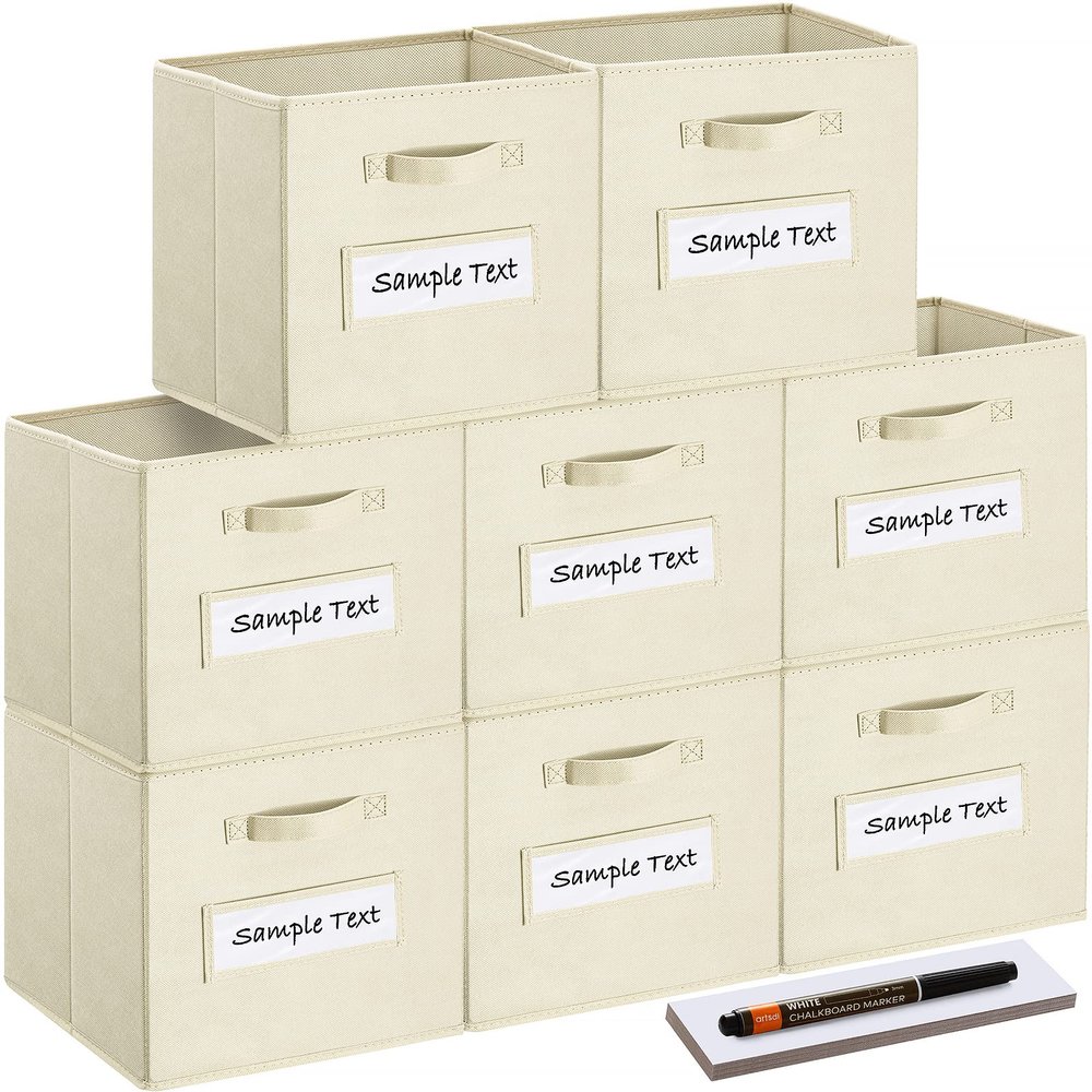 artsdi 13x13x13 storage cube bins(Set of 8) Fabric storage cubes with 8 Labels Window Cards & a Pen, storage cubes 13x13, Collapsible 13 inch cube storage bins, Cubby Boxes, Beige