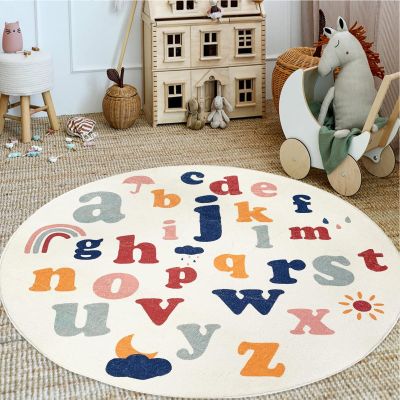 ABREEZE Large Round Kids Play Mat 5.3ft,Fluffy Faux Wool Kids Rug Non-Slip Childrens Carpet ABC Number Educational Learning & Game for Living Room Bedroom Playroom Nursery