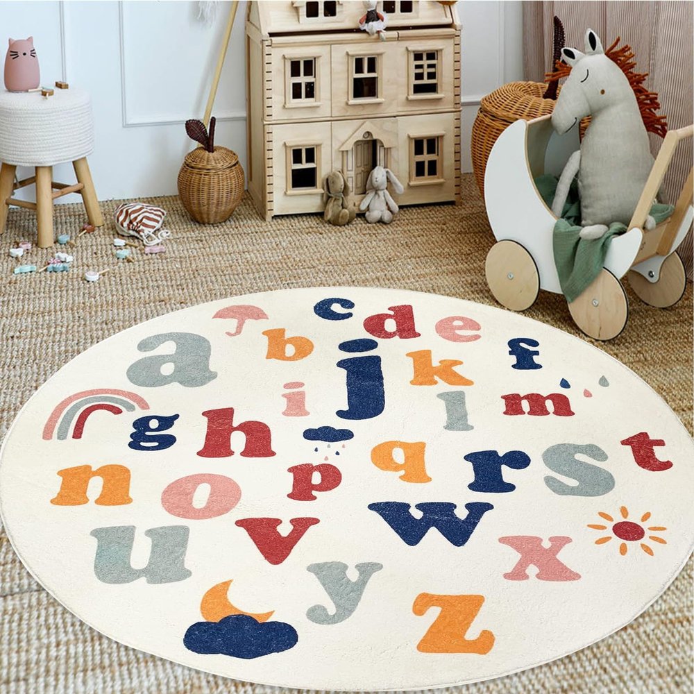 ABREEZE Large Round Kids Play Mat 5.3ft,Fluffy Faux Wool Kids Rug Non-Slip Childrens Carpet ABC Number Educational Learning & Game for Living Room Bedroom Playroom Nursery