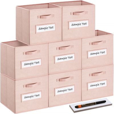 artsdi 13x13x13 storage cube bins(Set of 8) Fabric storage cubes with 8 Labels Window Cards & a Pen, storage cubes 13x13, Collapsible 13 inch cube storage bins, Cubby Boxes, Pink