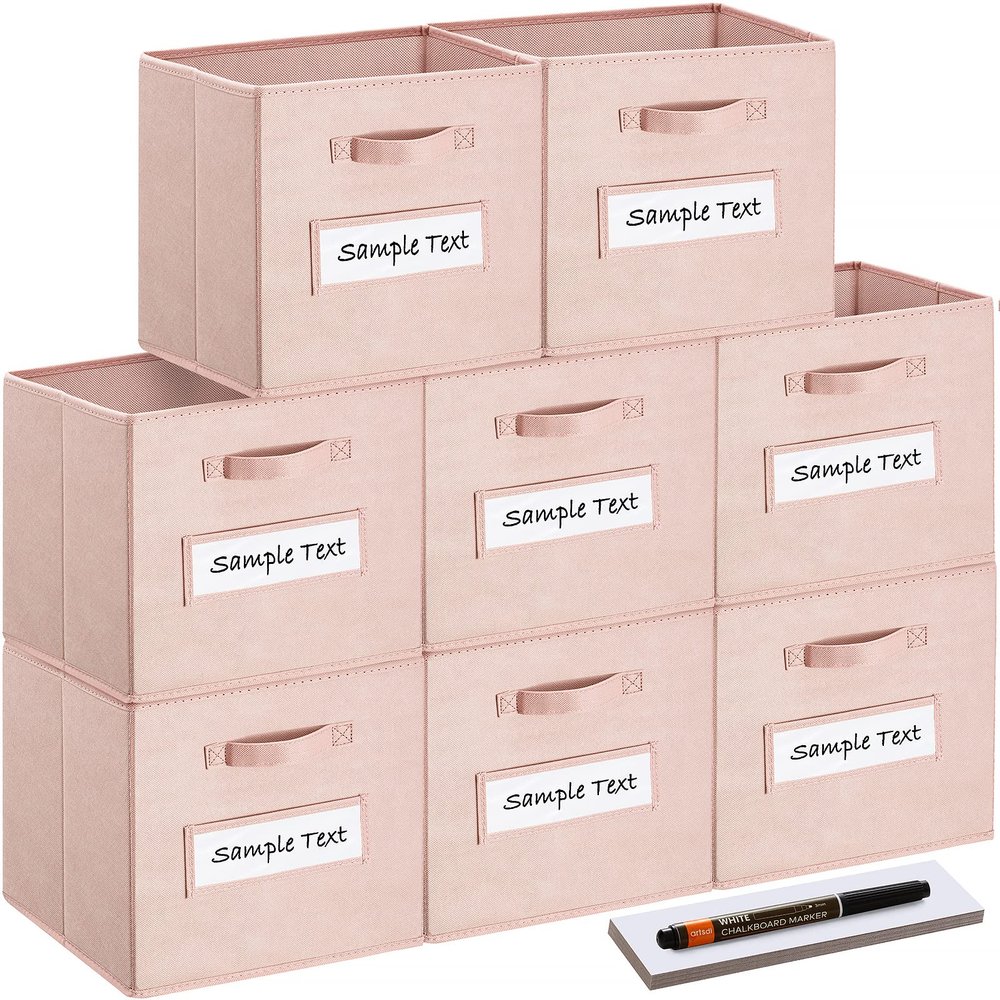 artsdi 13x13x13 storage cube bins(Set of 8) Fabric storage cubes with 8 Labels Window Cards & a Pen, storage cubes 13x13, Collapsible 13 inch cube storage bins, Cubby Boxes, Pink