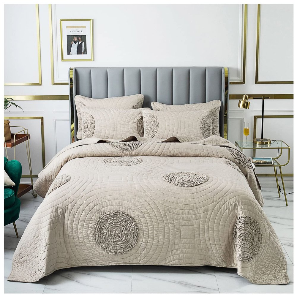 3 Piece Beige Queen King Size Quilt Sets with Pillowcase, Luxury Reversible Quilt Soft Lightweight Summer Bedding Comforter Bedspread Coverlet Quilt Set for All Season,Beige,King