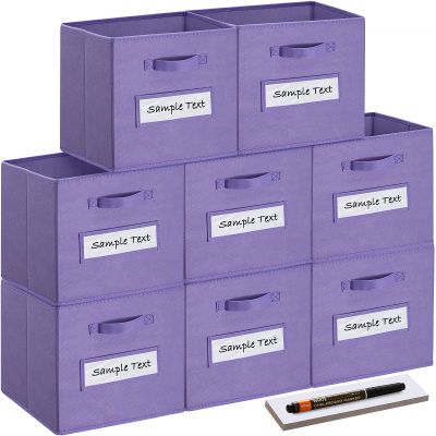 artsdi 13x13x13 storage cube bins(Set of 8) Fabric storage cubes with 8 Labels Window Cards & a Pen, storage cubes 13x13, Collapsible 13 inch cube storage bins, Cubby Organizer Boxes, Purple