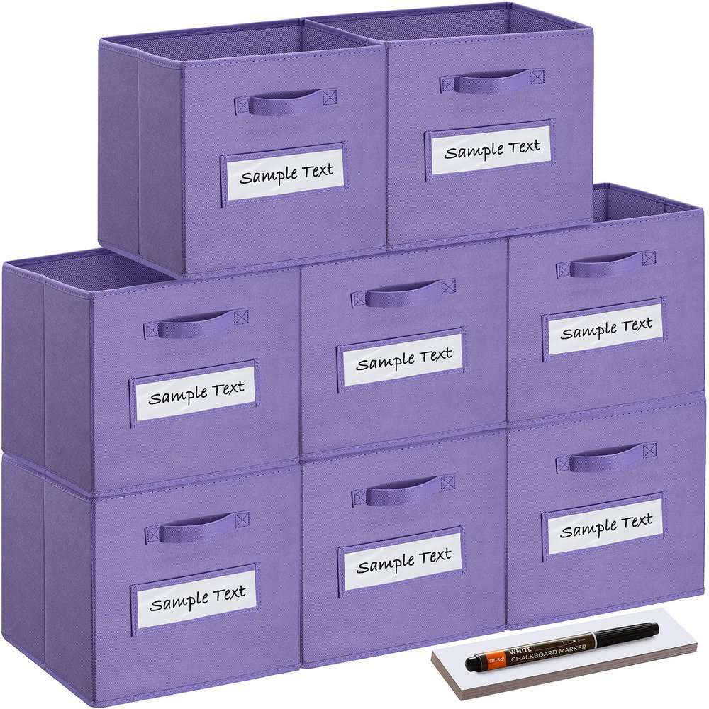 artsdi 13x13x13 storage cube bins(Set of 8) Fabric storage cubes with 8 Labels Window Cards & a Pen, storage cubes 13x13, Collapsible 13 inch cube storage bins, Cubby Organizer Boxes, Purple
