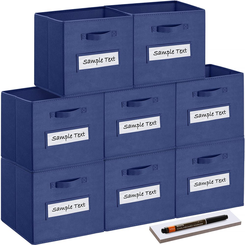 artsdi 13x13x13 storage cube bins(Set of 8) Fabric storage cubes with 8 Labels Window Cards & a Pen, storage cubes 13x13, Collapsible 13 inch cube storage bins, Cubby Boxes, Navy Blue