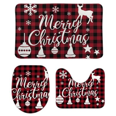 3 Pieces Red Christmas Plaid Antlers Bathroom Rug Set Buffalo Deer Soft Foam Non Slip Bath Mats Sets Toilet Contour Mat Lid Cover for Bathtub Shower and Bathroom Decor 20"x32"