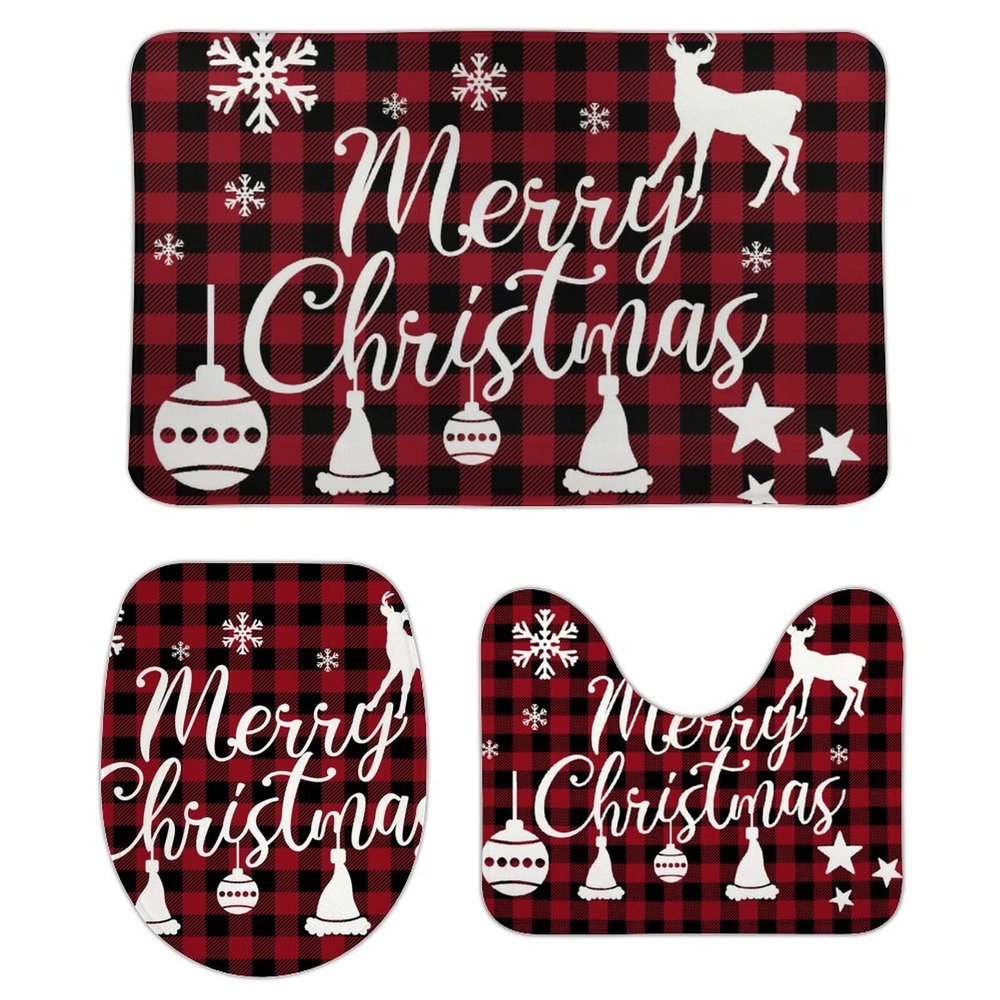 3 Pieces Red Christmas Plaid Antlers Bathroom Rug Set Buffalo Deer Soft Foam Non Slip Bath Mats Sets Toilet Contour Mat Lid Cover for Bathtub Shower and Bathroom Decor 20"x32"