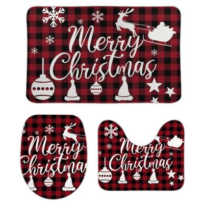 3 Pieces Merry Christmas Deer Bathroom Rug Set Snowflake Soft Foam Non Slip Bath Mats Sets Toilet Contour Mat Lid Cover for Bathtub Shower and Bathroom Decor 20"x32"