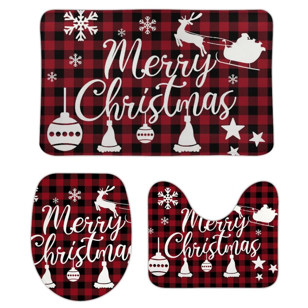 3 Pieces Merry Christmas Deer Bathroom Rug Set Snowflake Soft Foam Non Slip Bath Mats Sets Toilet Contour Mat Lid Cover for Bathtub Shower and Bathroom Decor 20"x32"