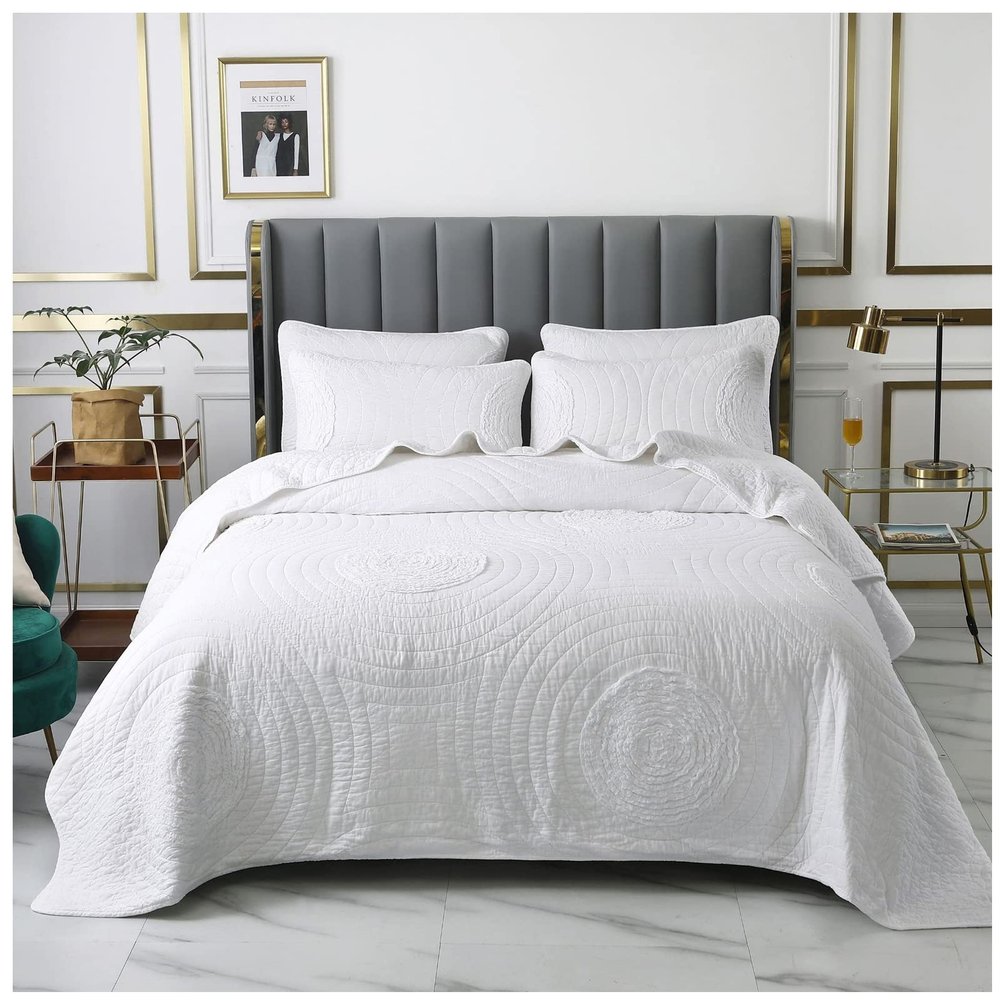 3 Piece Beige Queen King Size Quilt Sets with Pillowcase, Luxury Reversible Quilt Soft Lightweight Summer Bedding Comforter Bedspread Coverlet Quilt Set for All Season,White,King