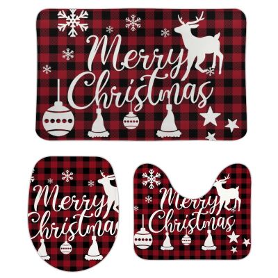 3 Pieces Merry Christmas Reindeer Bathroom Rug Set Jingle Bell Soft Foam Non Slip Bath Mats Sets Toilet Contour Mat Lid Cover for Bathtub Shower and Bathroom Decor 20"x32"