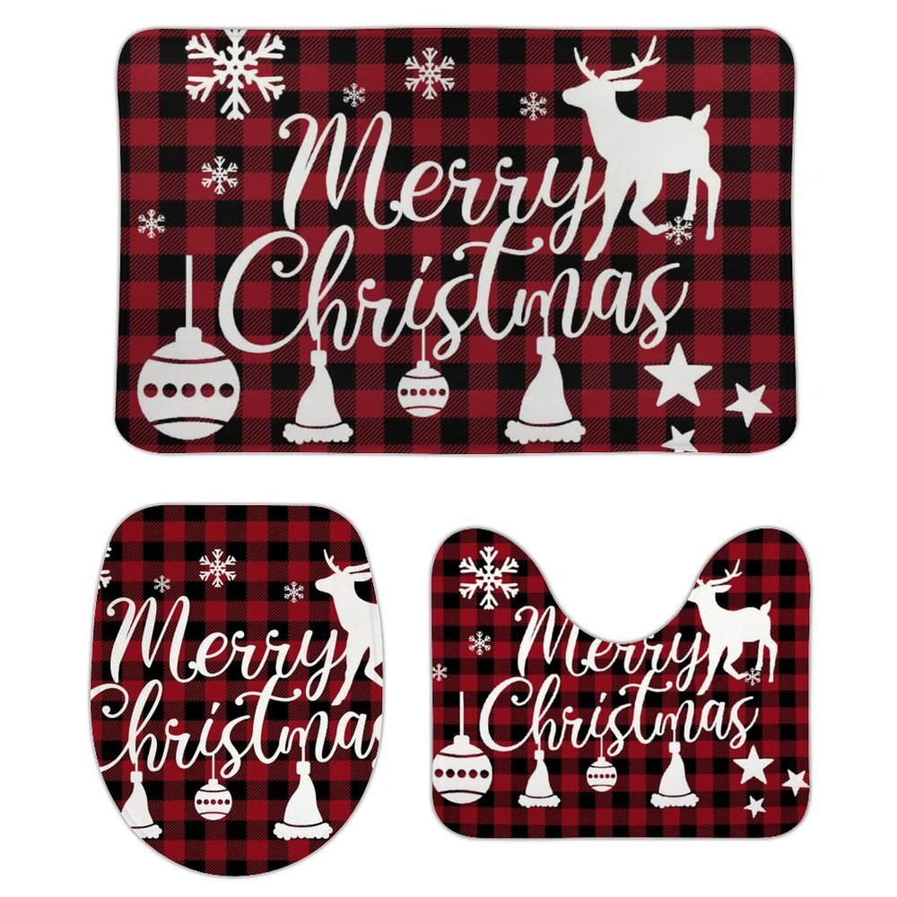 3 Pieces Merry Christmas Reindeer Bathroom Rug Set Jingle Bell Soft Foam Non Slip Bath Mats Sets Toilet Contour Mat Lid Cover for Bathtub Shower and Bathroom Decor 20"x32"