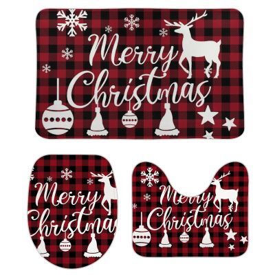 3 Pieces Merry Christmas Deer Bathroom Rug Set Christmas Tree Soft Foam Non Slip Bath Mats Sets Toilet Contour Mat Lid Cover for Bathtub Shower and Bathroom Decor 20"x32"