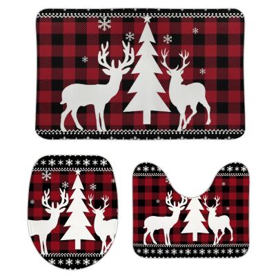 3 Pieces Merry Christmas Reindeer Bathroom Rug Set Buffalo Deer Soft Foam Non Slip Bath Mats Sets Toilet Contour Mat Lid Cover for Bathtub Shower and Bathroom Decor 20"x32"