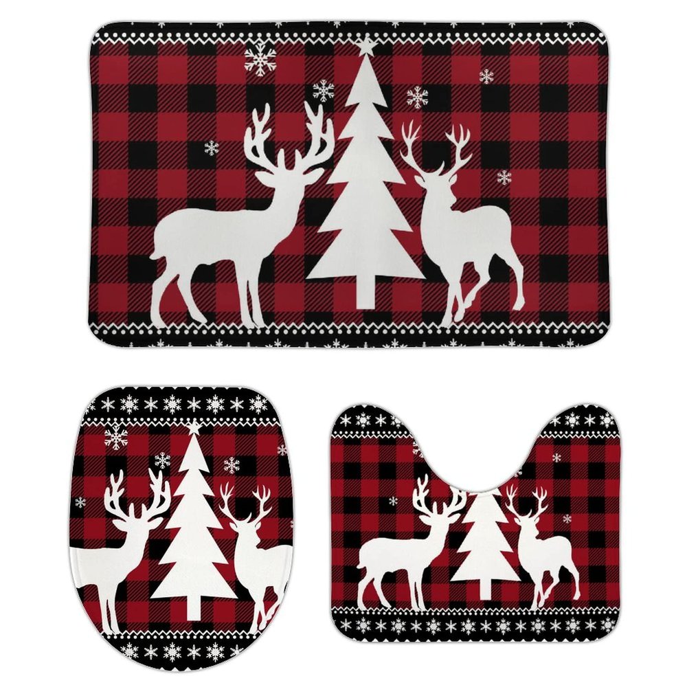 3 Pieces Merry Christmas Reindeer Bathroom Rug Set Buffalo Deer Soft Foam Non Slip Bath Mats Sets Toilet Contour Mat Lid Cover for Bathtub Shower and Bathroom Decor 20"x32"