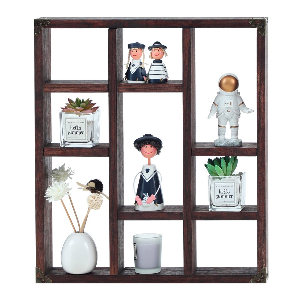 FIRMINANA Rustic Shadow Box Shelf,17.7x15.7-Inch Wall-Mounted (Vertical or Horizontal),9-Slot Rustic Wood Floating Shelves,Lightweight Solid Wood Display Shelf for Shot Glass (Walnut)