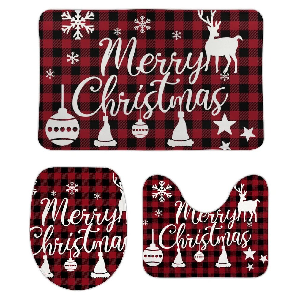 3 Pieces Red Christmas Plaid Antlers Bathroom Rug Set Christmas Bells Soft Foam Non Slip Bath Mats Sets Toilet Contour Mat Lid Cover for Bathtub Shower and Bathroom Decor 18"x30"