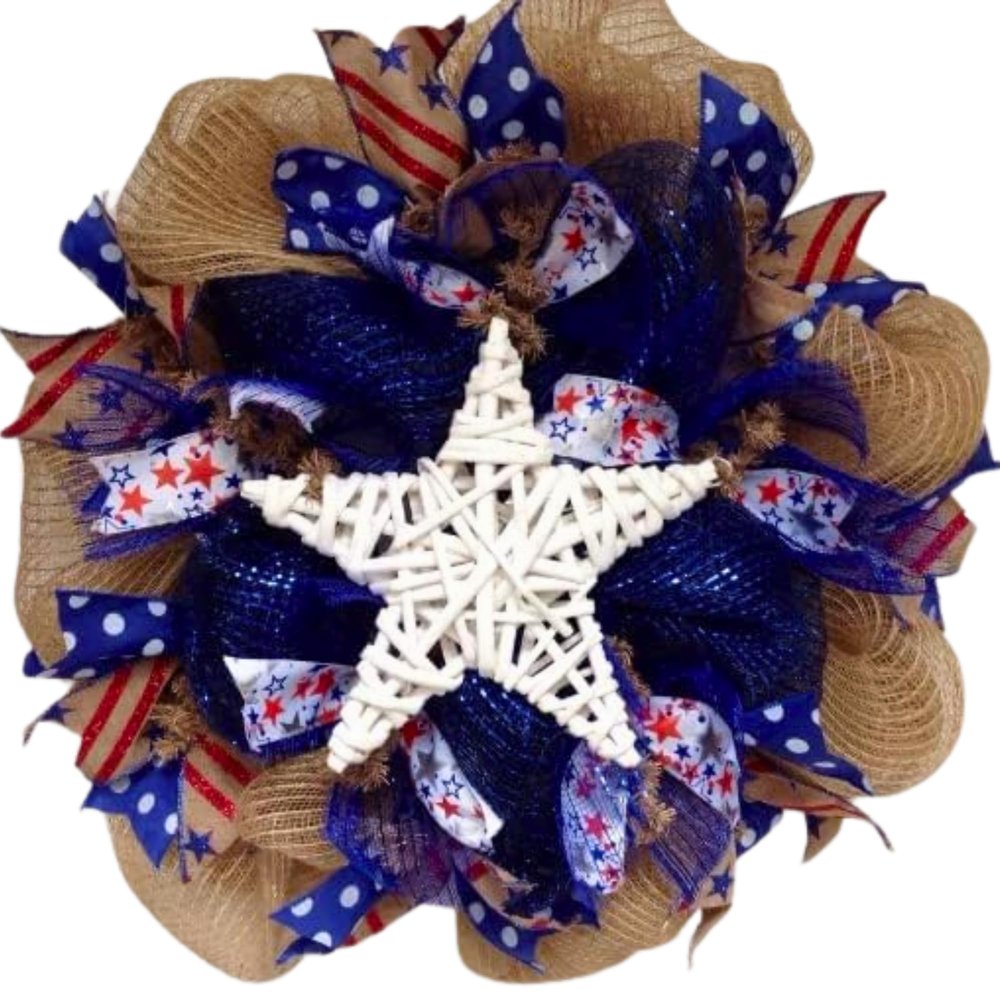 White Wicker Patriotic Star Deco Mesh 20 Inch Wreath