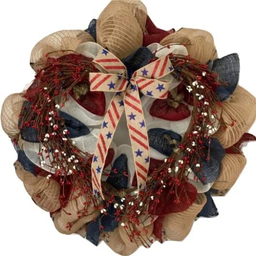 Americana Pip Berries Patriotic Handmade Deco Mesh Wreath. Available in 24 inch and 28 inch diameters.