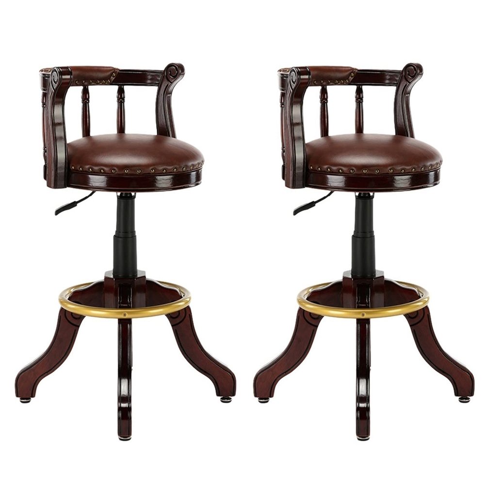 KrefihR Barstools Solid Wood Bar Stools Set of 2 Curved with Backs, Adjustable Counter Height Swivel Kitchen Island Bar Chair, Cowhide Leather Round Retro Rubber Solid Wood Legs, for Pubs, Bars