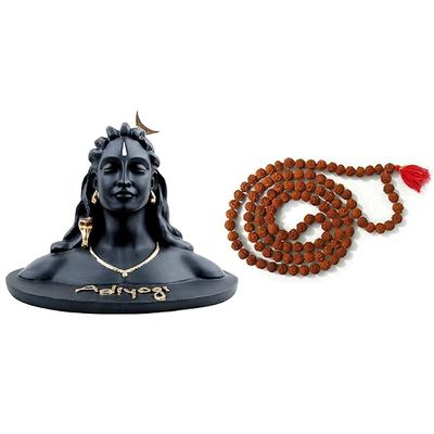 Adiyogi Shiva Statue for Car Dashboard, Pooja & Gift, Mahadev Murti Idol, Shankara for Home & Office Decor & 5 Mukhi/Faced 108+1 Beads Rudraksha Jaap Mala by Indian Collectible