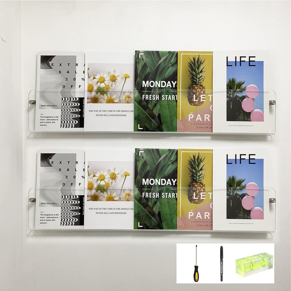 EAYOYAE 37.4" Magazine Holder,Acrylic Magazine Rack Wall Mounted,Clear Brochure Holder (2PACK)