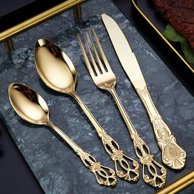 Gold Silverware Set Durable 18/10 Stainless Steel Flatware Sets Vintage Hollow Handle Palace Design Kitchen Weeding Cutlery Utensil Include Teaspoon Spoon Knife Fork Nice Weight Mirror Polished