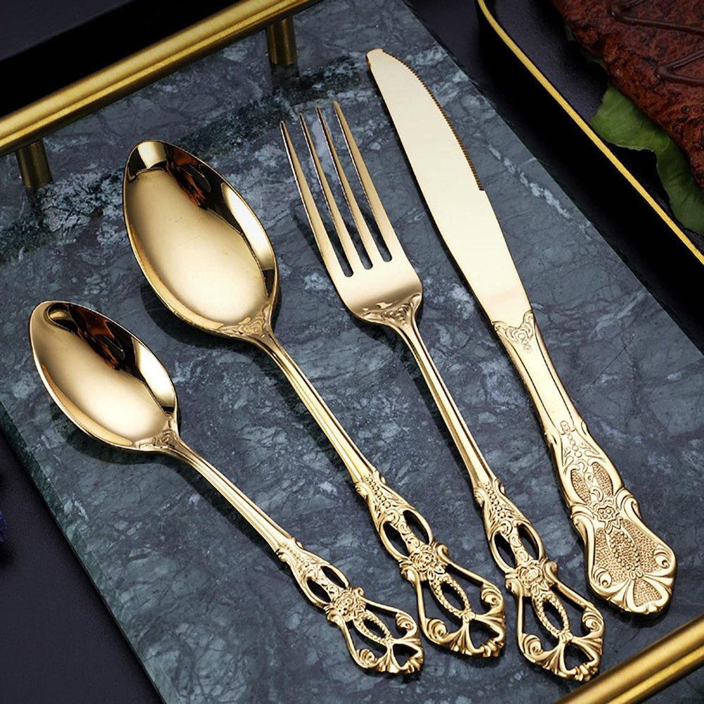 Gold Silverware Set Durable 18/10 Stainless Steel Flatware Sets Vintage Hollow Handle Palace Design Kitchen Weeding Cutlery Utensil Include Teaspoon Spoon Knife Fork Nice Weight Mirror Polished