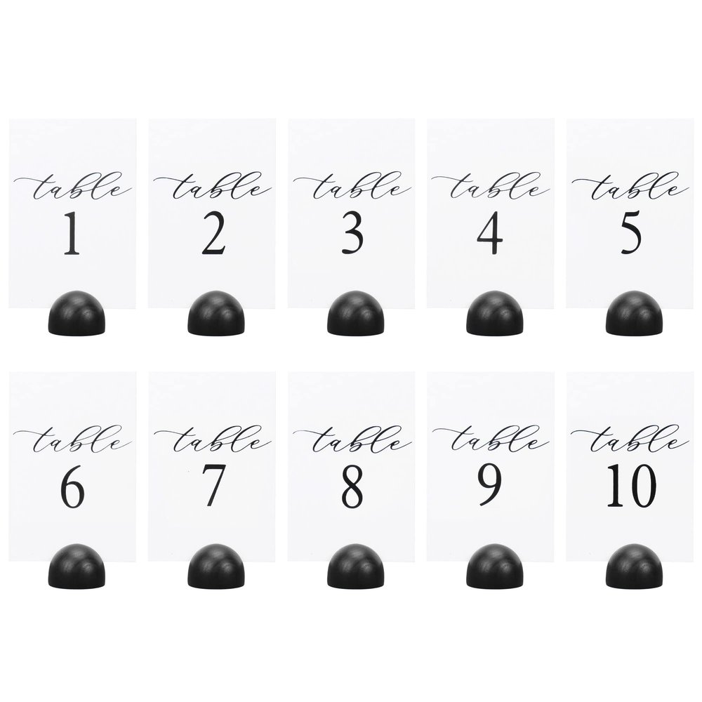 Hanna Roberts Modern Cursive Table Number Card Stock Signs with Round Stand for Wedding Reception, Restaurant, Event Party, 4" x 6" (Set of 10, 1-10, Black)