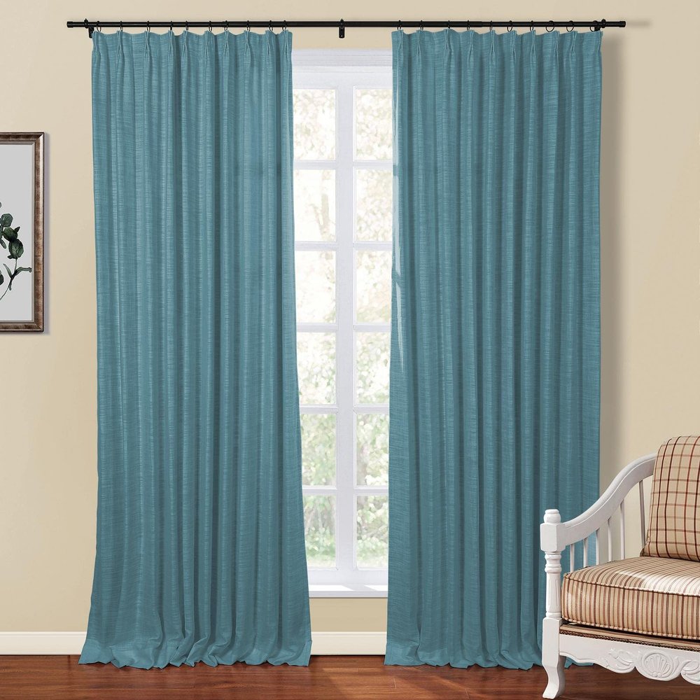 Drapifytex 54 Inches Wide Turquoise Texture 72 Inches Long Curtains for Living Room and Bedroom, Pinch Pleated Draperies Green Polyester Faux Linen Curtain (1 Panel)