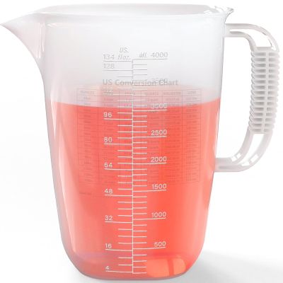 1 Gallon Measuring Pitcher, 134oz Extra Large Measure Pitcher-Convenient Conversion Chart-Strong Handle, Heat Resistant Plastic 1 Gallon Measuring Container for Pool Chemicals,Motor Oil, Lawn and Cook