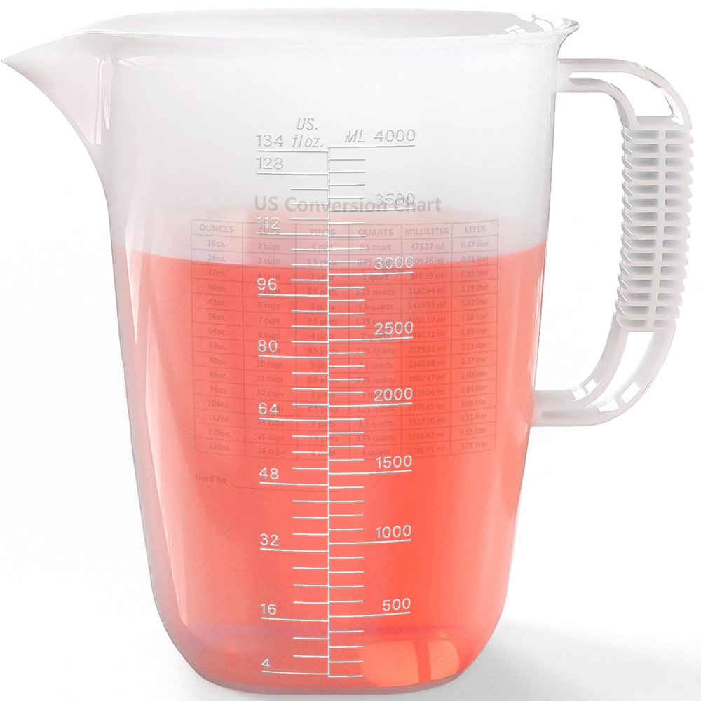 1 Gallon Measuring Pitcher, 134oz Extra Large Measure Pitcher-Convenient Conversion Chart-Strong Handle, Heat Resistant Plastic 1 Gallon Measuring Container for Pool Chemicals,Motor Oil, Lawn and Cook