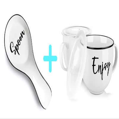 Ceramic Spoon Rest for Stove Top Bundle Ceramic Soup Mugs with Handle and Vented Plastic Lid