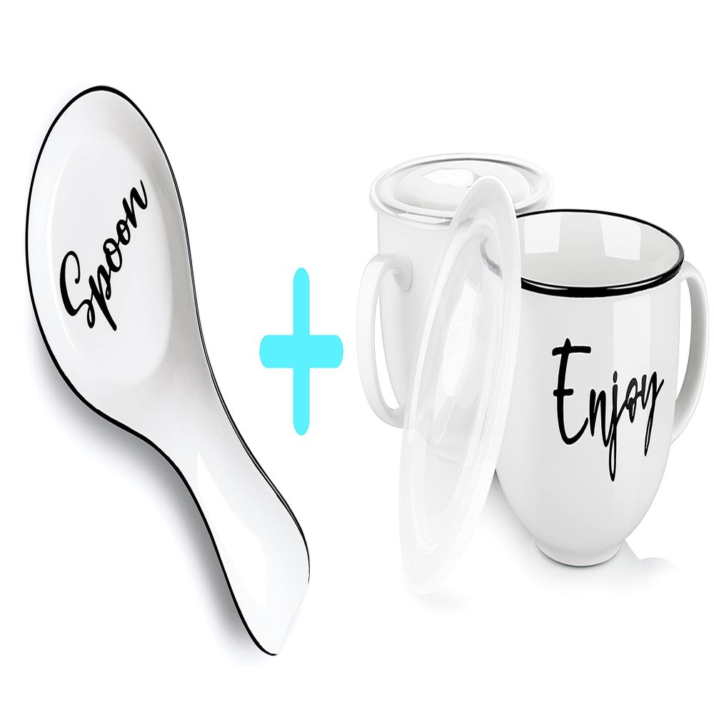 Ceramic Spoon Rest for Stove Top Bundle Ceramic Soup Mugs with Handle and Vented Plastic Lid