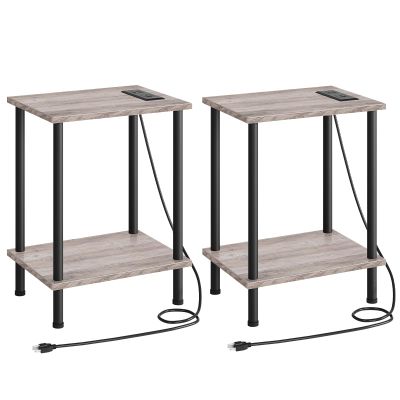 HOOBRO Side Table with Charging Station, Set of 2 End Tables with USB Port and Outlets, Nightstand with 2-Layer Storage Shelves for Small Spaces, Living Room, Bedroom, Greige and Black BG09UBZP201