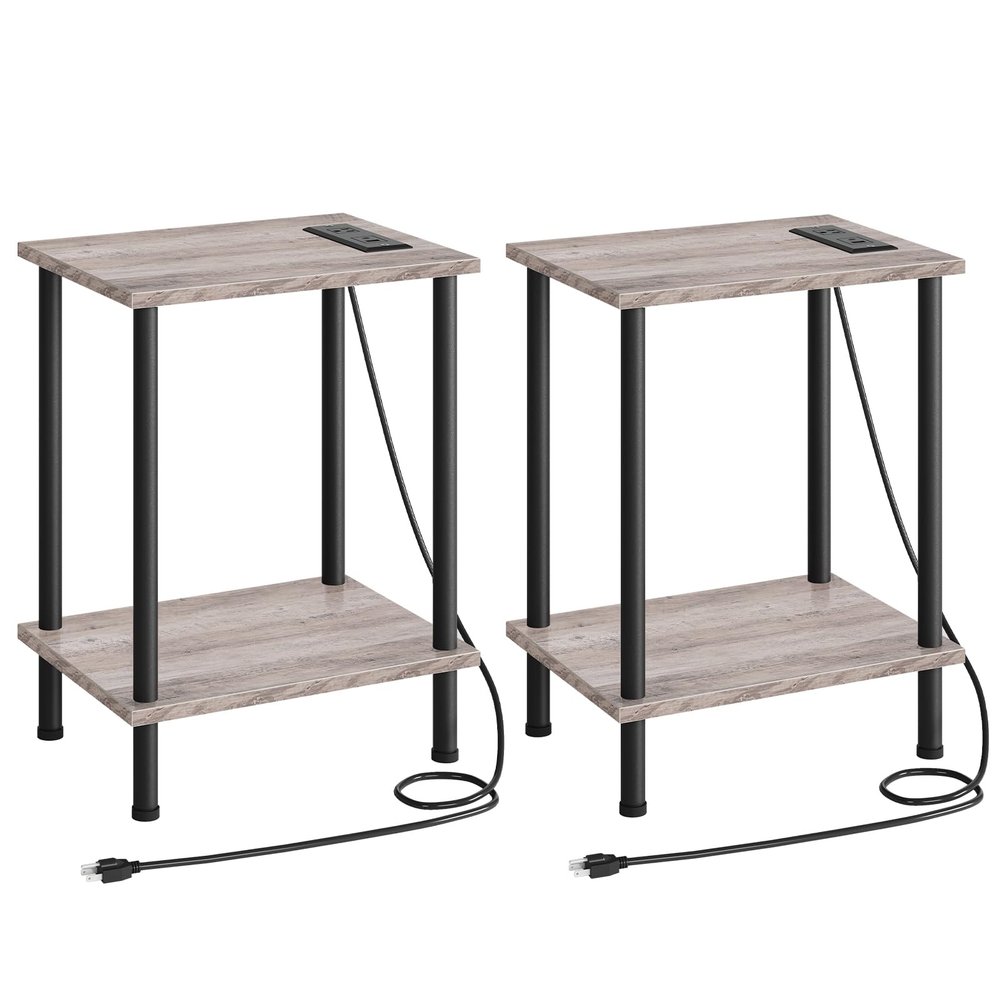 HOOBRO Side Table with Charging Station, Set of 2 End Tables with USB Port and Outlets, Nightstand with 2-Layer Storage Shelves for Small Spaces, Living Room, Bedroom, Greige and Black BG09UBZP201