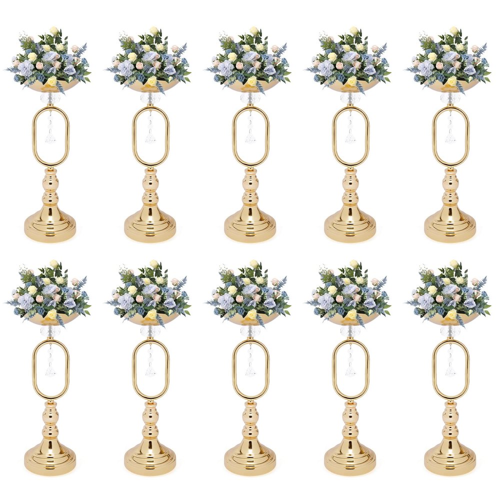 10 Pcs Wedding Centerpieces, 15.6in Gold Metal Vase Flower Stand, Crystal Wedding Event Flower Holder for Reception Christmas Birthday Party Decoration
