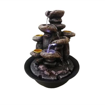 BNNP Indoor Tabletop Fountains Multifunction Indoor Water Fountain and Candle Holders with LED Lights Three Tier Soothing Cascading Tabletop Fountains with Rocks Decoration Meditation Fountain